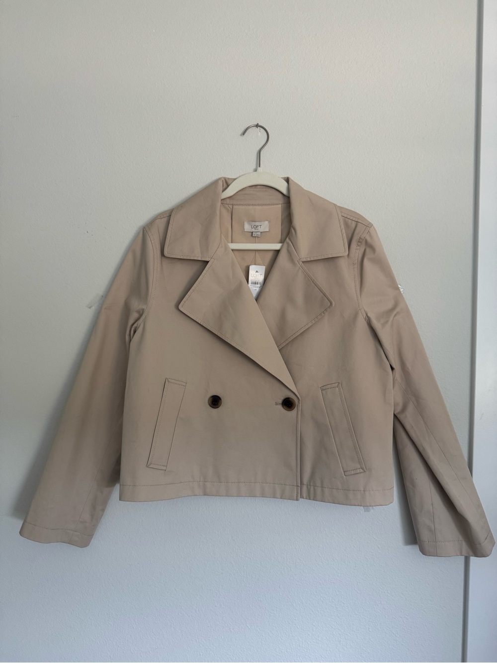 LOFT Beige Cropped Double-Breasted Trench Coat Jacket NWT M academia Preppy Chic - Picture 2 of 11